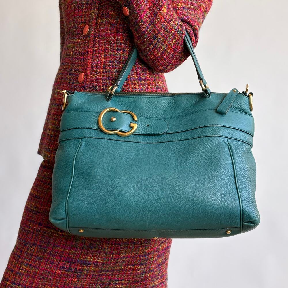 Gucci Medium Ride Top Handle Bag - Teal Pebbled Calfskin Leather, Gold Buckle